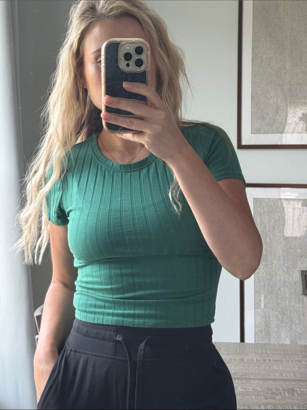 Masters Green Color Ribbed Short Sleeve Crop Top